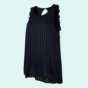 XOXO Women's Navy Blue L Ruffle Pleated Sheer Stripe Keyhole Top Blouse